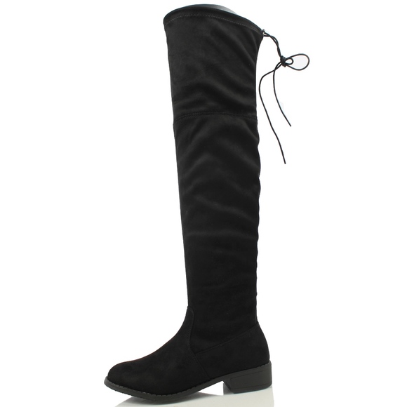 Black Faux Suede Over the Knee Back Tie  Boot - Picture 3 of 6